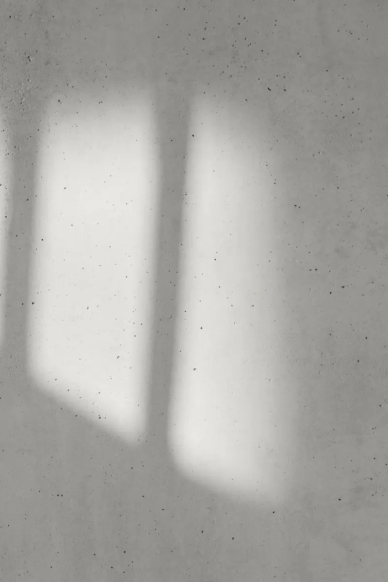 Reflexo de uma janela projetado em uma parede clara, em preto e branco.